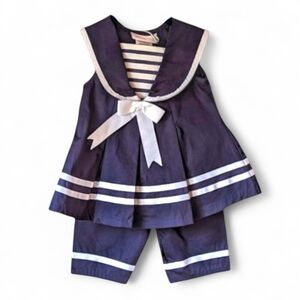 Bonnie Baby Easter Sailor Dress Two Piece Outfit Set sz 12 Mos Navy Blue & white